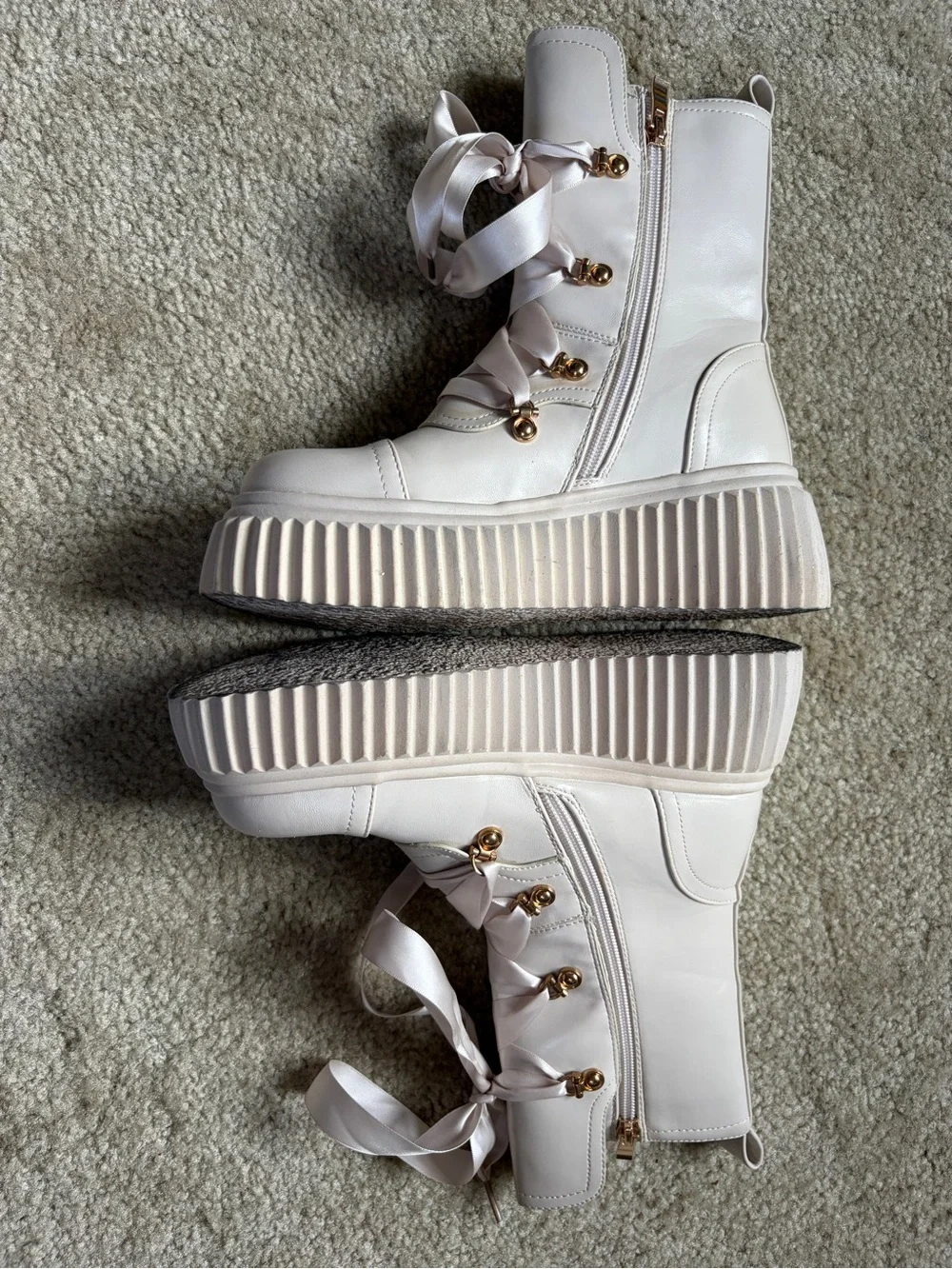 Vivianly Women's Cream Platform Lace-Up Lolita Combat Boots with Gold Hardware - Picture 2 of 8